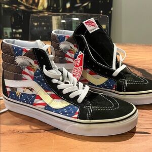 Vans Black and White High-Tops with Eagle and Flag Design-
